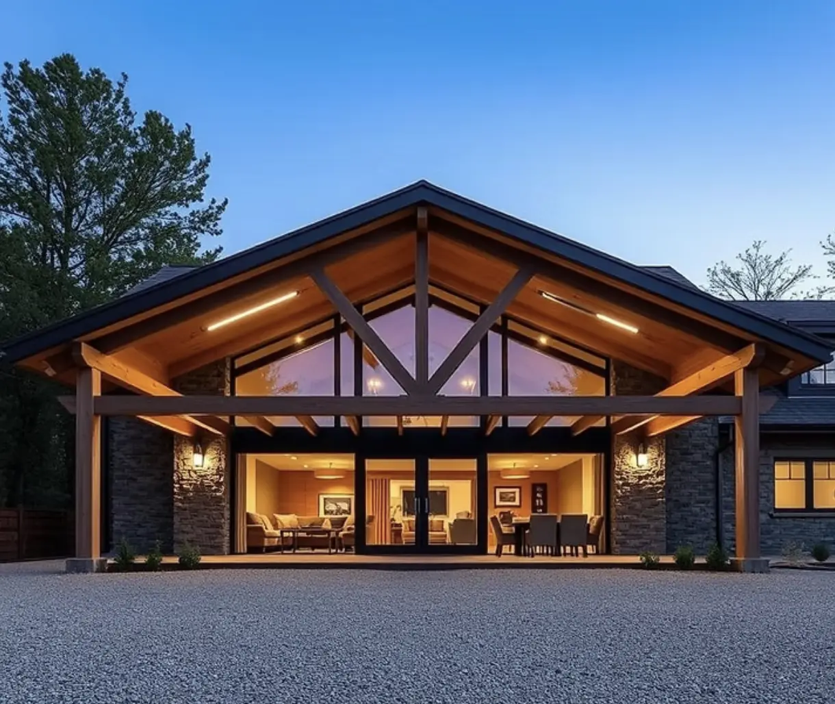 Ground-level view of a modern two-story charcoal grey barndominium with a large wrap-around porch and black metal siding, custom-built by Next-Gen Buildings on a rural lot in Sullivan, IL